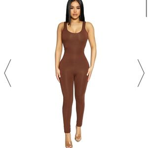 NWT NAKED WARDROBE THE STRAP-BACK BUTTER JUMPSUIT IN BROWN